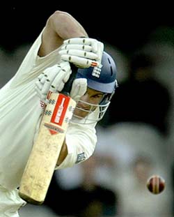 England's opening batsman Andrew Strauss plays a stroke