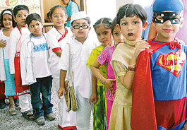 Students of Aashiana School participate in a fancy dress contest, organised by the UT Blood Bank Society with the objective of spreading the message of blood donation. 