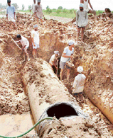 A pipeline carrying drinking water to Chandigarh from the Bhakra mainline canal which burst under pressure near Mankheri village in Ropar district on Saturday.