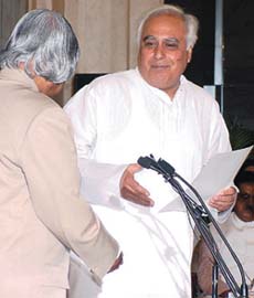 Chandini Chowk MP Kapil Sibal during the oath-taking ceremony at Rashtrapati Bhavan in the Capital on Saturday. 