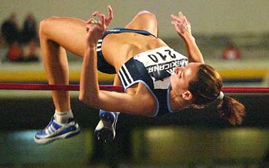 World champion Hestrie Cloethe of South Africa clears the bar on her way to winning the women's high jump at the Banamex Grand Prix athletics meet in Mexico city's Olympic stadium