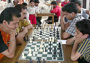 Players contemplate their move during the Chandigarh Chess meet played here on Monday. 