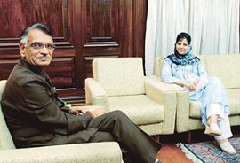 Union Home Minister Shivraj Patil with PDP leader Mehbooba Mufti at North Block in New Delhi on Thursday