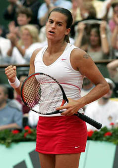 Amelie Mauresmo of France reacts after defeating Anabel Medina Garrigues of Spain during the second round of the French Open tennis tournament at Roland Garros stadium in Paris on Wednesday. Mauresmo won 6-0 4-6 6-1.
