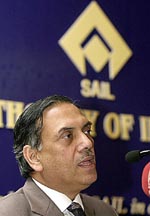 Chairman and Managing Director of Steel Authority of India Limited (SAIL) V.S. Jain addresses a press conference in New Delhi on Friday.