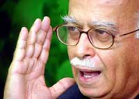 Mr L.K. Advani addresses a press conference in New Delhi on Friday.