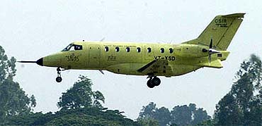 Saras, a prototype of India's indigenous civilian aircraft, built by the National Aerospace Laboratories (NAL), lands at the Banglore airport. The 14-seater multi-purpose aircraft had its maiden flight on Saturday. 