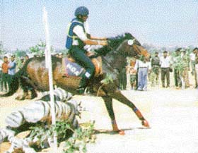 A rider clears an obstacle in the cross-country event at the Bangalore Horse Show