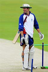 England cricket captain Michael Vaughan inspects the wicket at Headingley in Leeds on Wednesday