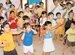 Kids at a workshop in Sector 35 in Chandigarh on Monday. 