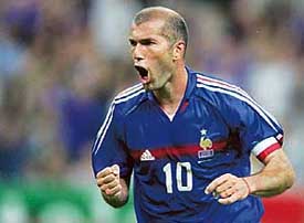 France's Zinedine Zidane celebrates after scoring against Ukraine during the international friendly match at the Stade de France in Saint-Denis, north of Paris