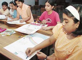 Students illustrate self-composed poems in the 15-day workshop organised by Srijan, an institute of Creativity, at DAV Model School, Sector 15, Chandigarh