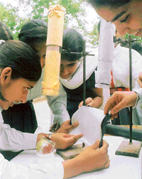 Students of Government Senior Secondary School watch the transit of Venus across the Sun in Ludhiana