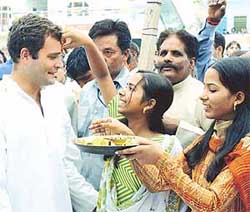 Newly elected Member of Parliament Rahul Gandhi being greeted by Congress workers at a party meeting at Jagdishpur in his Amethi parliamentary constituency on Tuesday. 