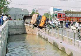 The scene of the accident in which four IRB personnel were injured in Ludhiana