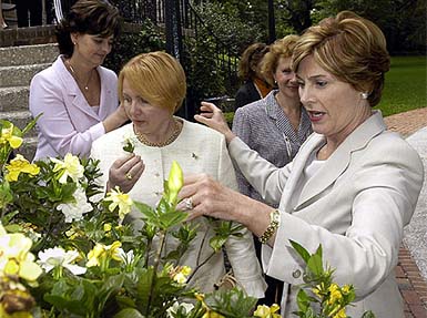Cherie Blair, wife of British Prime Minister Tony Blair, Lyudmila Putin, wife of Russian President Vladimir Putin, and US First Lady Laura Bush, wife of US President George W. Bush, look at flowers during the G8 Summit in Sea Island, Georgia