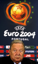 UEFA's President Lennart Johansson answers questions during a news conference for the upcoming Euro 2004 soccer championships at the Dragao Stadium in Porto