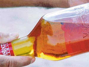 A housefly floats inside a bottle of liquor. 