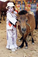 Two-and-half-foot tall Saif Ali, a clown of a Russian circus group, poses with a two-foot  high crossbred horse during the inaugural show