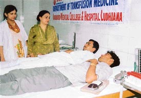 Donors at the blood donation camp organised by DMCH to mark International Blood Donors Day in Ludhiana