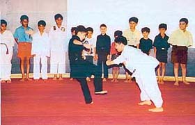 Students learn self-defence techniques at a karate and taekwondo workshop