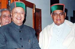 Mr Atal Bihari Vajpayee with Mr Virbhadra Singh at Prini on Tuesday.