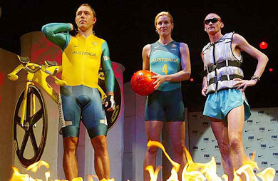 Australian Olympic athletes model the new competition uniforms for athletes at the 2004 Athens Games
