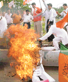 Activists of the BJP burn an effigy of the Congress Government at the Centre in protest against the hike in the prices of petrol and LPG in Chandigarh on Wednesday. 