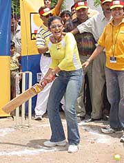 Mandira Bedi plays a shot in Chandigarh on Saturday. 