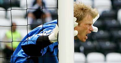German goalkeeper-cum-captain Oliver Kahn shouts instructions at team-mates during their Group D match against Latvia 