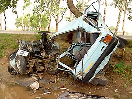 The mangled remains of the car which rammed into a tree on the Ambala-Hisar road on Sunday