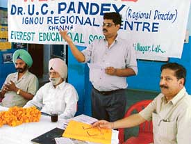 Dr U.C. Pandey, Regional Director, IGNOU Centre, Khanna, at a press conference at the special study centre-2210 in Everest Public Senior Secondary School, Moti Nagar
