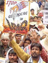 Muslims shout anti-US slogans during a demonstration against the US-led coalition forces in Iraq at Ramlila Ground in New Delhi on Sunday.