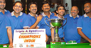 Jubilant members of the Indian snooker team that outplayed Pakistan 3-0 to clinch the Indo-Pak Peace Cup in the three-Test series which ended at Chandigarh Club