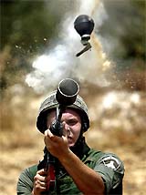 An Israeli border policeman fires a teargas canister during a protest by Palestinians 