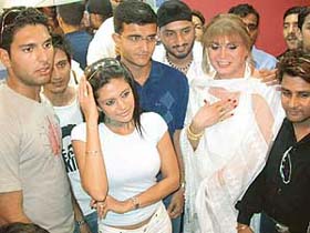 Hair stylist Sylvie along with Harbhajan Singh, Saurav Ganguly, Mandira Bedi and Yuvraj Singh at the inauguration of a designer salon and beauty parlour in Chandigarh