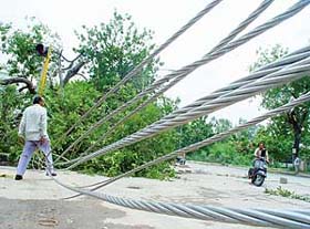 An 11 kv feeder line lies on a road at Phase-I, Mohali, after it got entangled in an uprooted tree due to a heavy storm on Monday night