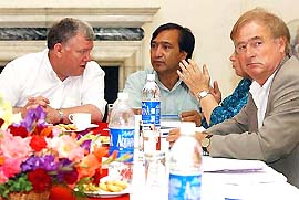 Mr John Cushnahan, head of the six-member delegation of the European Union Parliamentarians with state secretary of the CPI and MLA Mohammad Yousuf Tarigami 