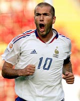 France's Zinedine Zidane celebrates after scoring a goal during their Euro group B match