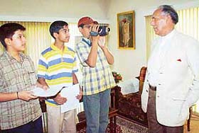Students of St. John�s School interview Punjab Governor, Justice O.P. Verma (retd), at Raj Bhavan in Chandigarh