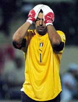 Italy goalkeeper Gianluigi Buffon reacts at the end of the group C match against Bulgaria in Guimaraes on Tuesday
