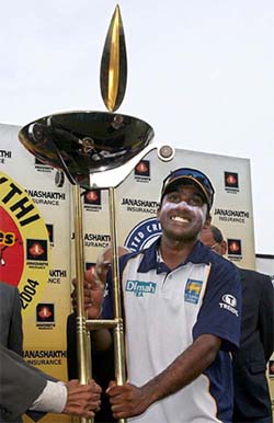 Mahela Jayawardene holds the winner's trophy after Sri Lanka beat South Africa by 49 runs 
