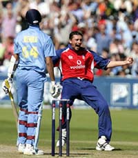 England's Stephen Harmison celebrates his hat-trick after taking the wicket of India's Ashish Nehra during the first ODI at Trent Bridge 