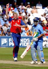 England's Andrew Flintoff celebrates the wicket of India's Rohan Gavaskar