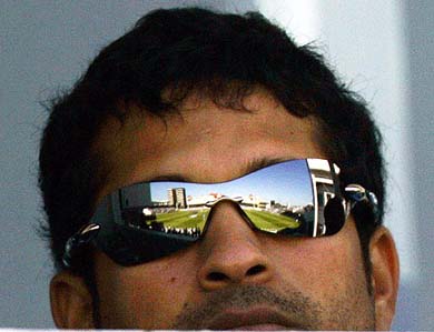 Sachin Tendulkar, who opted out of the NatWest series due to a tennis elbow, watches the first ODI from the pavilion at Trent Bridge 