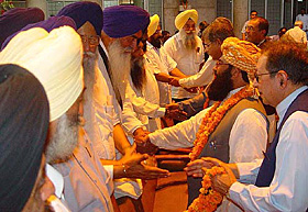 A delegation from Pakistan is welcomed by senior Akali leaders during their visit to the Punjab Vidhan Sabha in Chandigarh on Thursday.