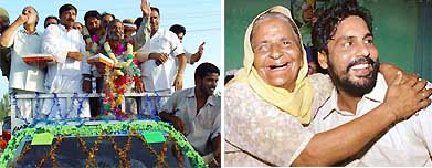 Tilak Raj and Antaryami waves to the crowd on their arrival at Mehatpur in Una district on Friday (Tribune photo by Karam Singh); and (right) Sukhdev Singh and his mother, Gurdev Kaur in an elated mood at their residence in Makdona Kalan village of Ropar district on Friday (Tribune photo by Parvesh Chauhan).