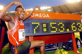 Qatar's Saif Saaeed Shaheen points at his 3,000m steeplechase world record