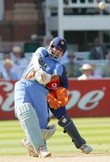 Indian captain Sourav Ganguly hits a six during his knock of 90 in the third ODI