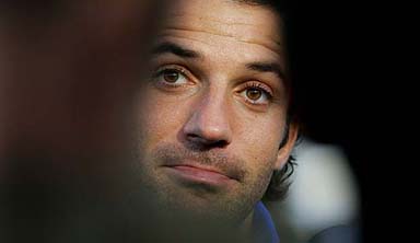 Italian striker Alessandro Del Piero chats with journalists at the end of a training session at the Republic stadium in Chinisau
